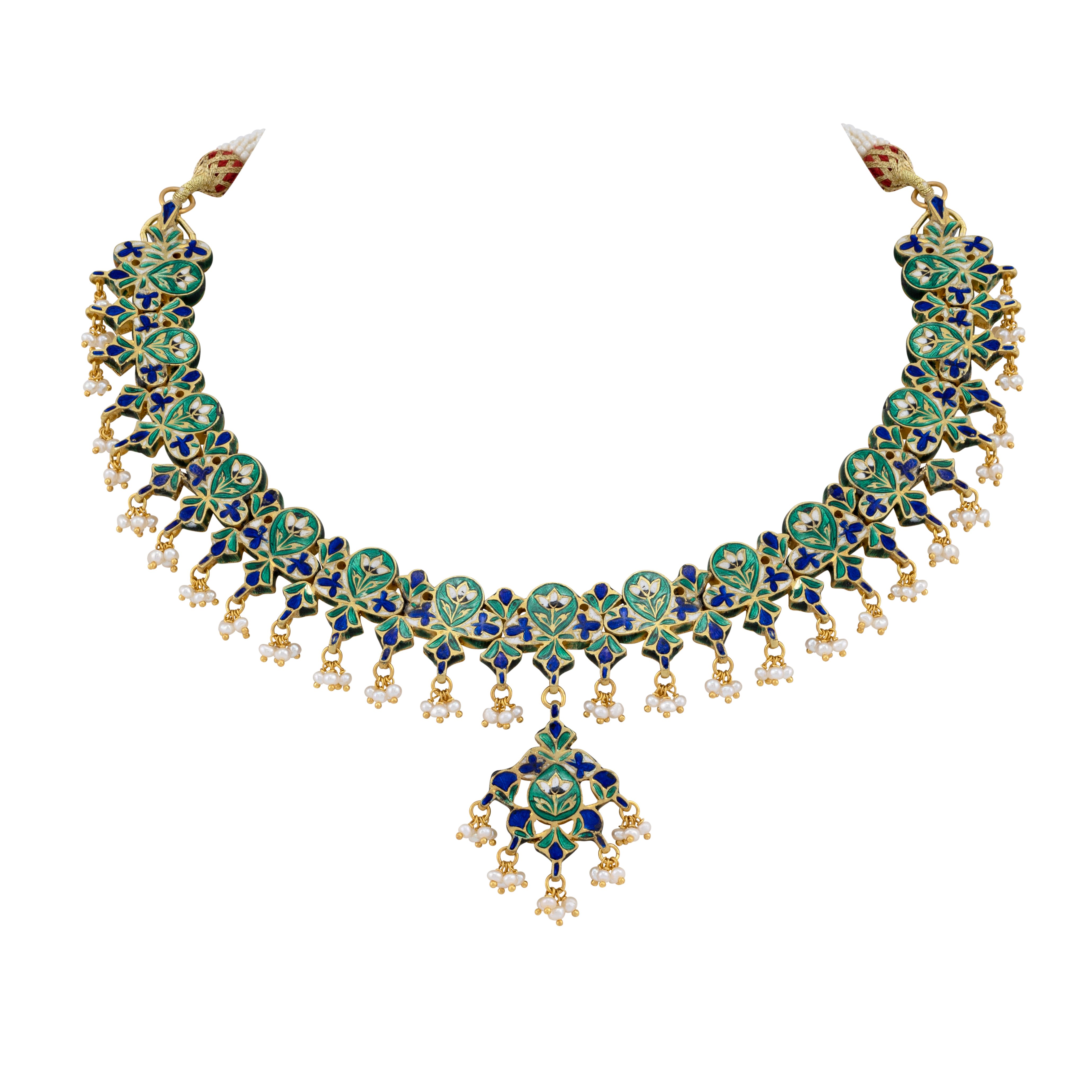 Polki Necklace with Red Enamel and Pearl Bead Clusters